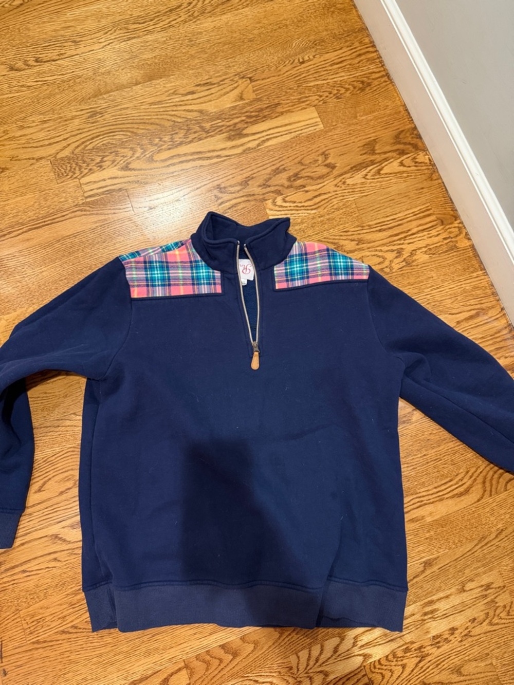 Women Navy Quarter-Zip Sweater with Pink Plaid Yoke